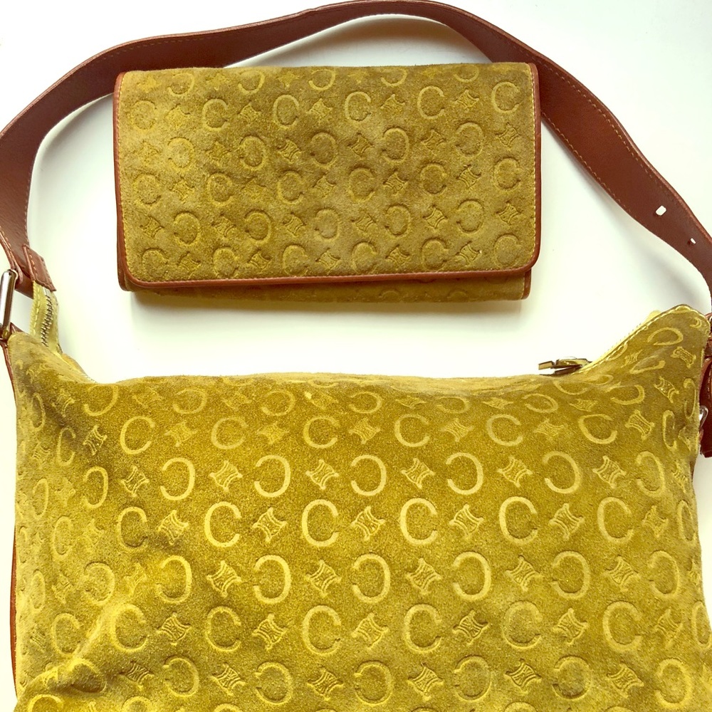 CELINE green suede monogrammed bag and wallet
